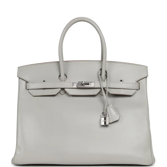 Hermès Birkin 35 Gris Perle Tadelakt Guilloche Palladium Hardware in Grey Goatskin from Madison Avenue Couture
