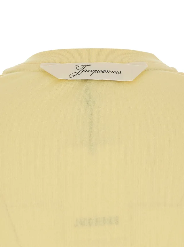 JACQUEMUS 'LE TSHIRT VENTADOU' yellow T-shirt crew neck with gros grain logo on the back in tech fabric for women in Yellow 57% Paper 43% Polyester, photo 5 of 6 from Gaudenzi Boutique