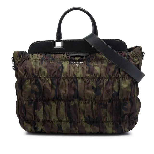 Brown Prada Tessuto Gaufre Camouflage Frame Satchel in Brown Nylon from Designer Revival