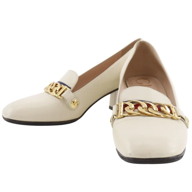 Gucci Sylvie Sherry Line Chain Leather Ivory Pumps Heels in White Leather from The Reluxe
