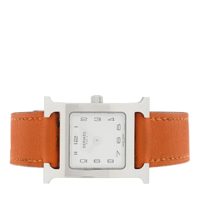 Hermès Stainless Steel Swift 21mm Heure H Hour Quartz Watch Orange in Orange Swift leather from FASHIONPHILE, photo 2 of 5
