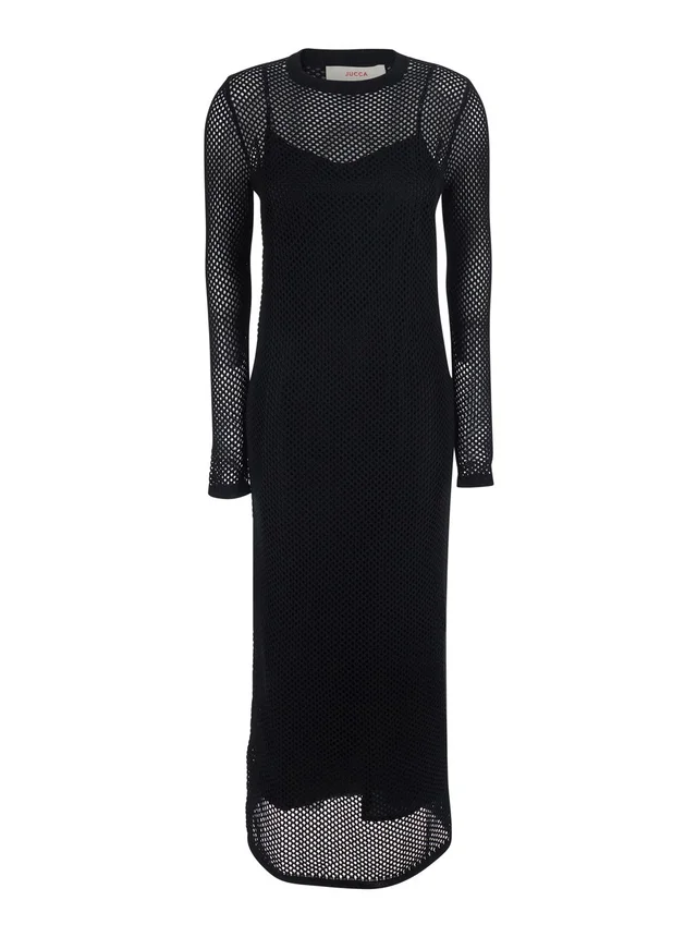 JUCCA Long Black Dress with Long Sleeves and Perforated Details in Black, photo 2 of 6 from Gaudenzi Boutique
