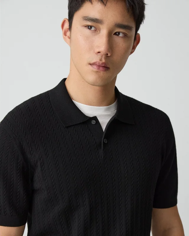 Theory Soris Cable-Knit Polo Shirt in Light Bilen in BLACK 62% Viscose, 38% Polyester; Exclusive Of Elastic, photo 4 of 14 from Theory