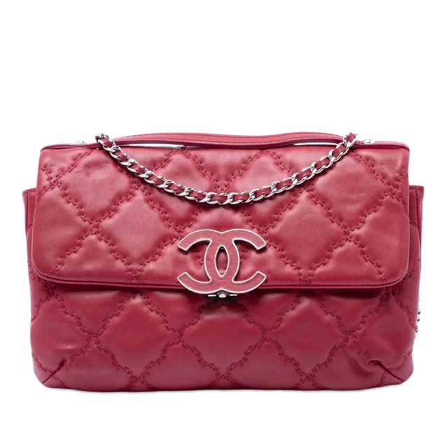 Red Chanel Quilted Calfskin Double Stitch Hamptons Clutch with Chain Satchel in Red Calfskin from Designer Revival
