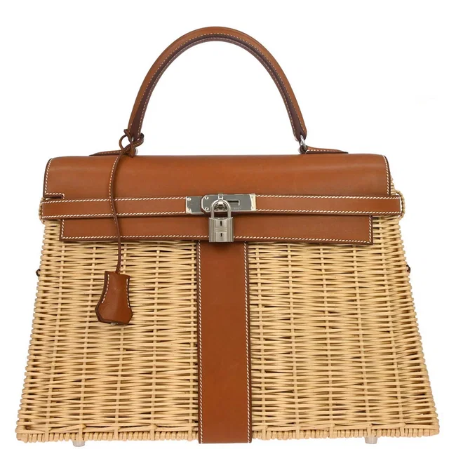 Hermès Fauve Barenia Kelly Picnic Handbag in Raffia from AMORE Vintage Tokyo