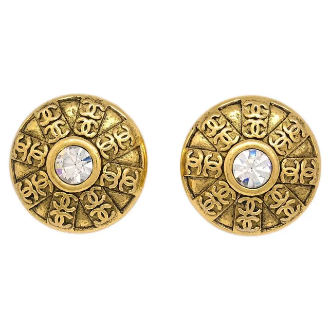 Chanel Gold Button Earrings Clip-On Rhinestone 23 in Gold from AMORE Vintage Tokyo
