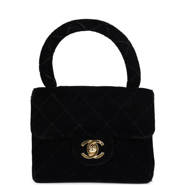 Chanel Vintage Micro Kelly Child Flap Bag Black Velvet Gold Hardware in Black Velvet from Madison Avenue Couture