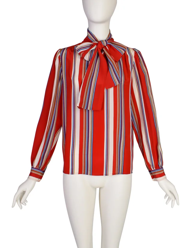 Saint Laurent Vintage SS 1982 Red Primary Color Striped Silk Lavalliere Shirt in Red Silk from Amarcord Vintage Fashion