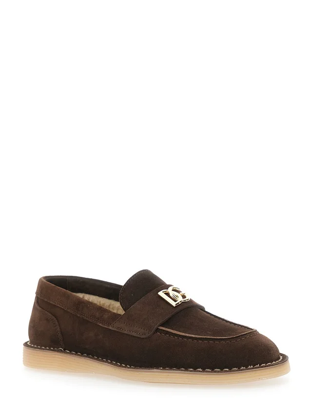 DOLCE E GABBANA Brown Loafers with logo plate on the front and contrasting stitching in suede for women in Brown, photo 4 of 8 from Gaudenzi Boutique