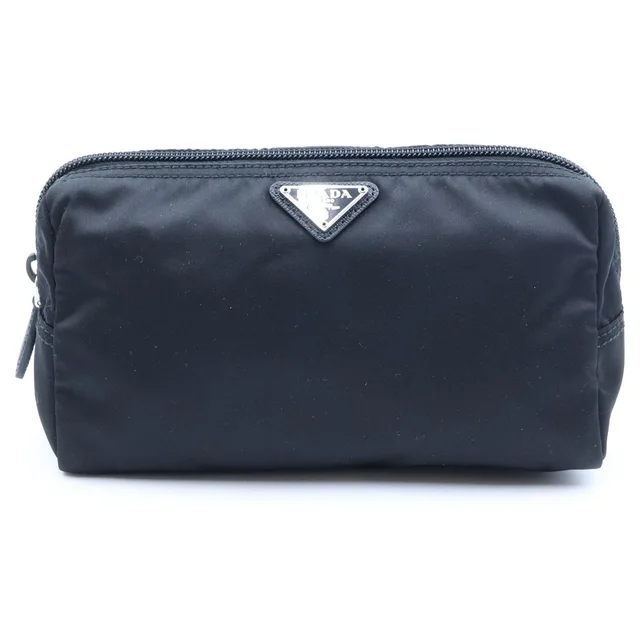 Prada Triangle Logo Tessuto Nylon Makeup Pouch Case Black Silver in Black Nylon from The Reluxe