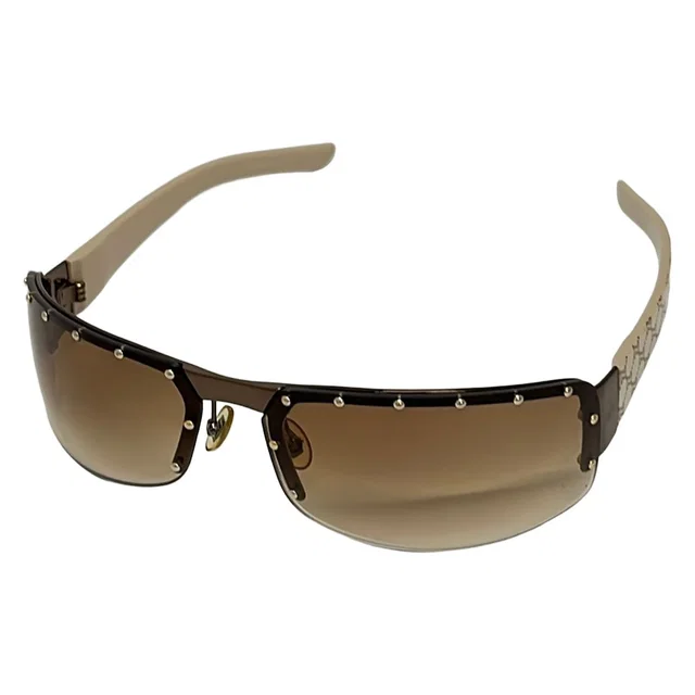 Gucci Sunglasses Dark Brown Gray Beige GG Pattern Studs Eyewear in Brown from The Reluxe