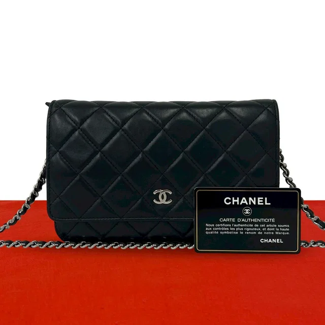 Chanel Card Present Quilted CC Logo Lambskin Shoulder Bag Pochette Black in Black Lambskin from The Reluxe