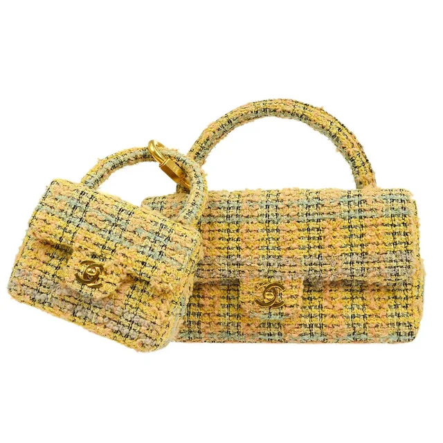 Chanel 1994 Yellow Tweed Handbag Set in Yellow Tweed from AMORE Vintage Tokyo