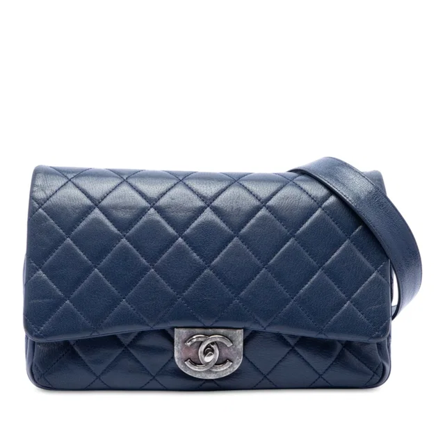 Blue Chanel Large Quilted Goatskin Double Carry Waist Chain Flap Satchel in Blue Goatskin from Designer Revival