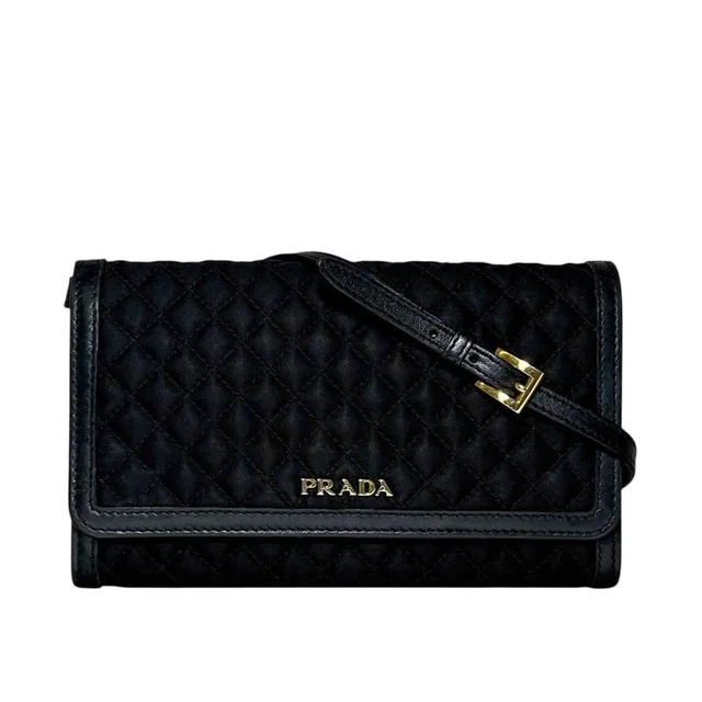 Prada Wallet on Chain Bifold Black Nero Nylon Leather Quilted 12 Accent Logo in Black Nylon from The Reluxe