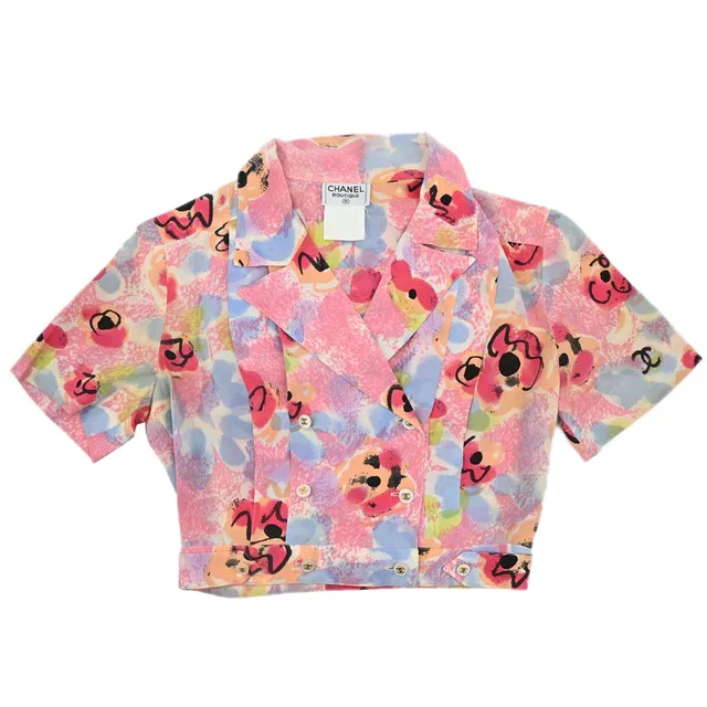 Chanel Short Sleeve Cropped Floral Print Shirt Blouse Pink in Pink Silk from AMORE Vintage Tokyo