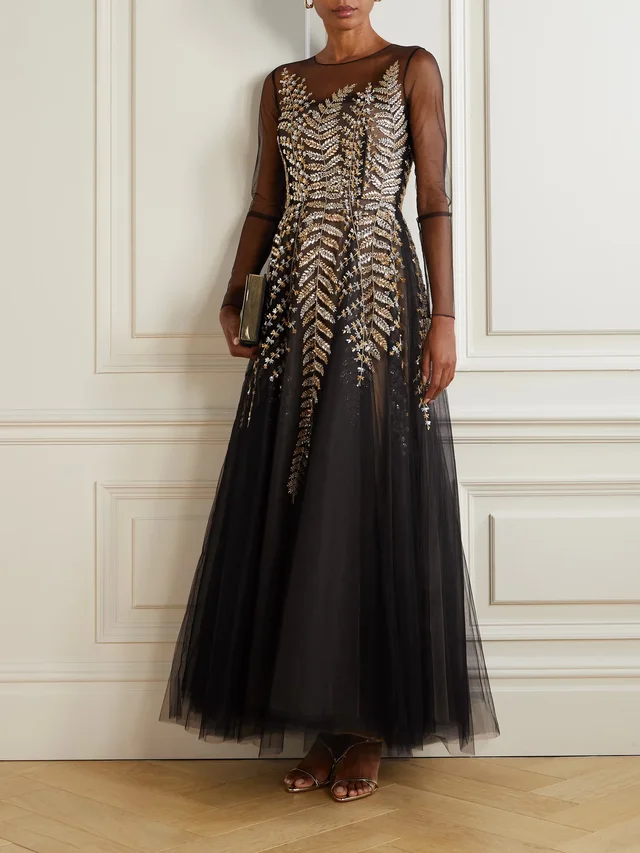 OSCAR DE LA RENTA Crystal, bead and sequin-embellished pleated tulle midi dress in Black, photo 2 of 2 from NET-A-PORTER (Canada)