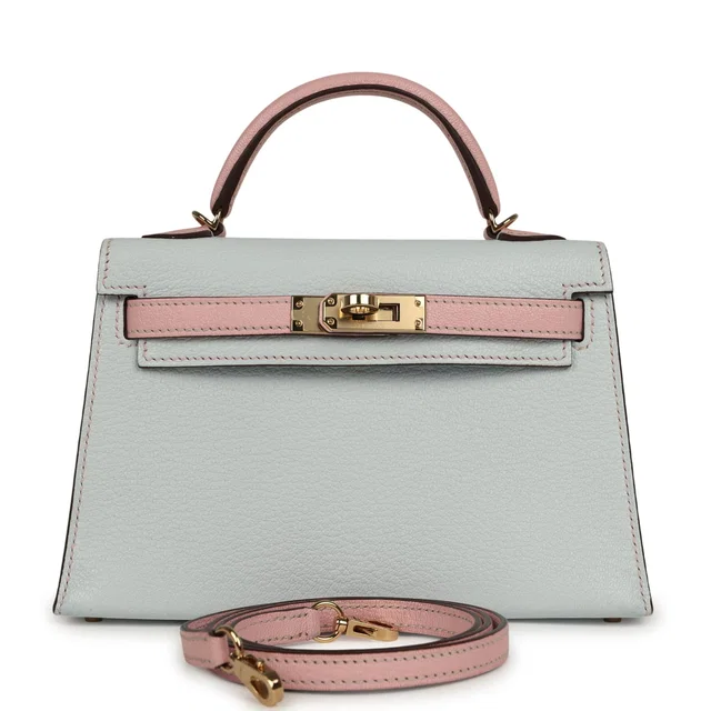 Hermès Special Order (HSS) Kelly Sellier 20 Bleu Brume, Rose Sakura Chevre Permabrass Hardware in Blue Goatskin from Madison Avenue Couture