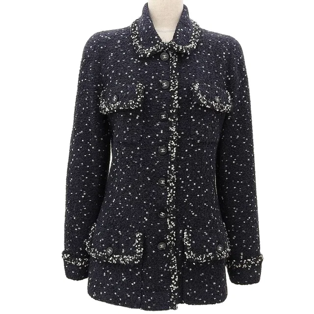 Chanel 1995 Tweed CC Mark Button Jacket #42 Navy in Navy Tweed from VINTAGE QOO TOKYO