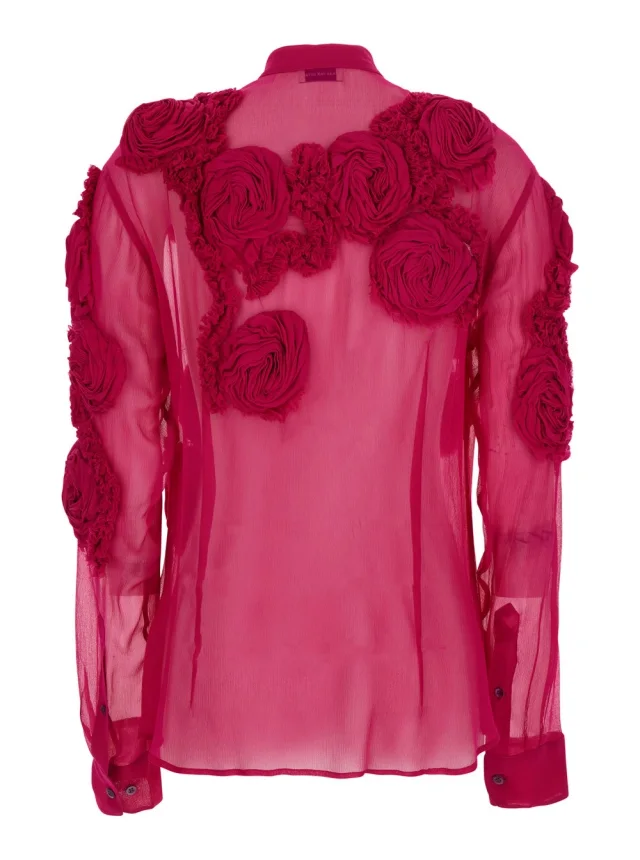 DRIES VAN NOTEN Fuchsia Shirt with Mandarin Collar and 3D Floral Embroidery All-Over in Silk for Women, photo 3 of 6 from Gaudenzi Boutique