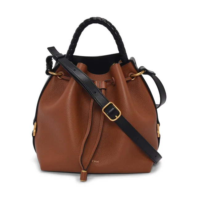 Chloé Marcie Drawstring Bucket Bag in Tan & Black Calfskin from Blue Spinach
