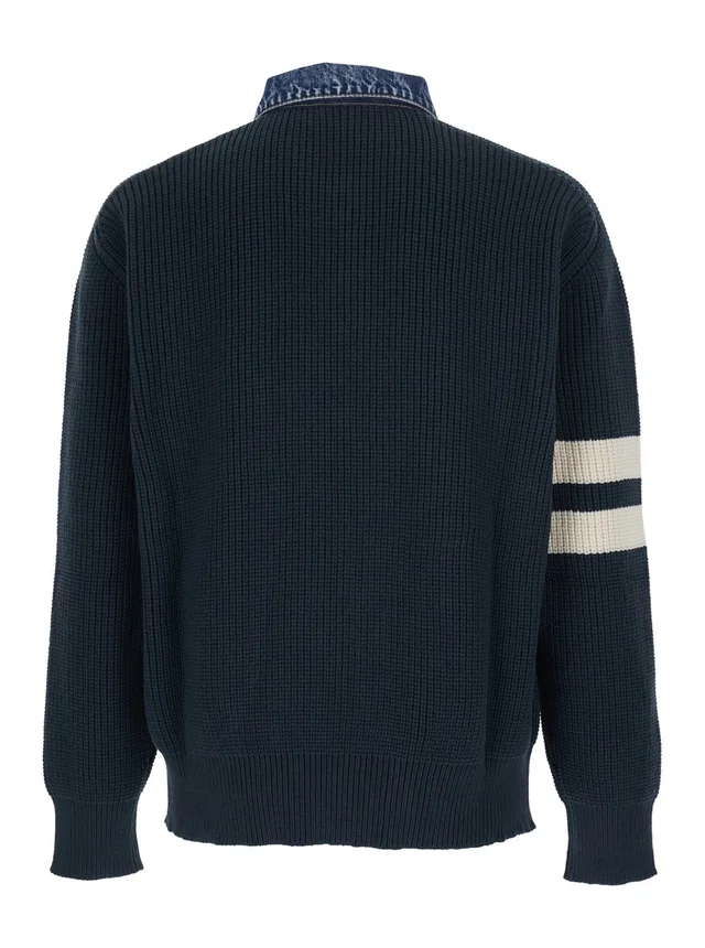 Dsquared2 Blue Sweater with Denim Collar and Logo Embroidery on Front in Cotton Blend for Men in Blue 60% Cotton 40% Polyamide, photo 4 of 6 from Gaudenzi Boutique