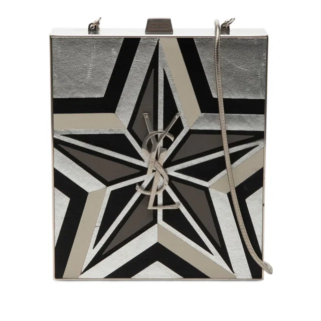 Silver Saint Laurent Metal and Leather Tuxedo Box Star Clutch on Chain Crossbody Bag in Silver Leather from Designer Revival