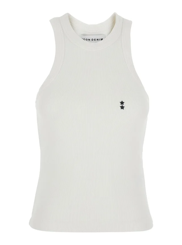 ICON DENIM White Sleeveless Top with Round Neck and Logo Patch on the Front in Cotton for Women in White, photo 2 of 6 from Gaudenzi Boutique