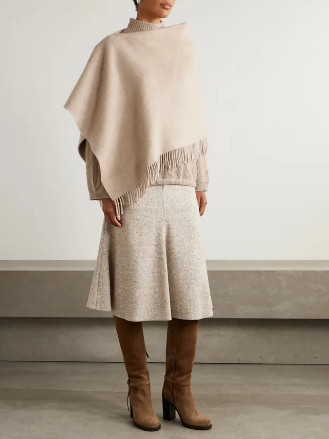 BRUNELLO CUCINELLI Fringed wool and cashmere-blend poncho in Beige, photo 2 of 2 from NET-A-PORTER (Canada)