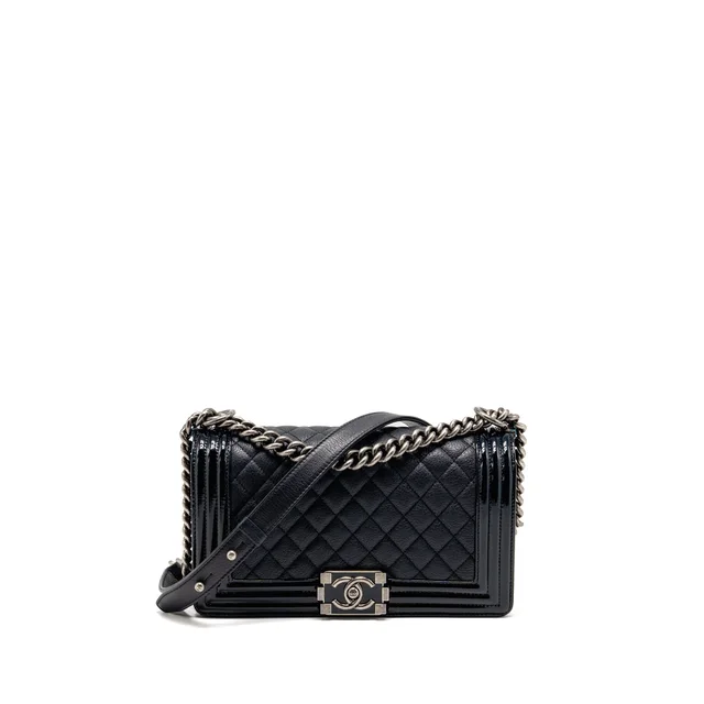 Chanel Medium Boy Bag Grained Calfskin Navy Ruthenium Hardware in Navy Caviar leather from EMIER