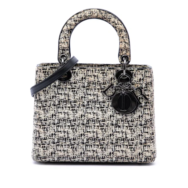 White Dior Medium Tweed Lady Dior Satchel in White Tweed from Designer Revival