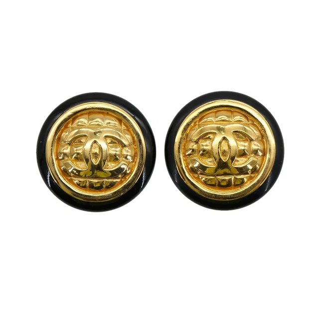 Chanel Vintage Earrings Round Cocomark Gold Black Accessory in Black from Luxury Promise