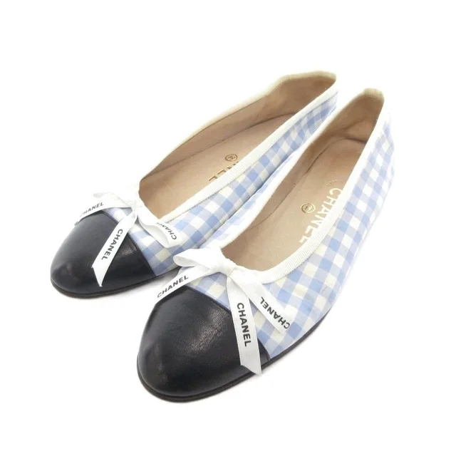 Chanel Valleyshoes Flat Gingham Check Ribbon Toe Cap Light Blue White Black in Black from The Reluxe