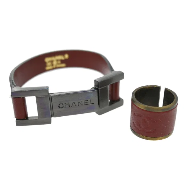 Chanel Leather Bracelet Ring Set Silver Brown 00A in Brown Leather from AMORE Vintage Tokyo