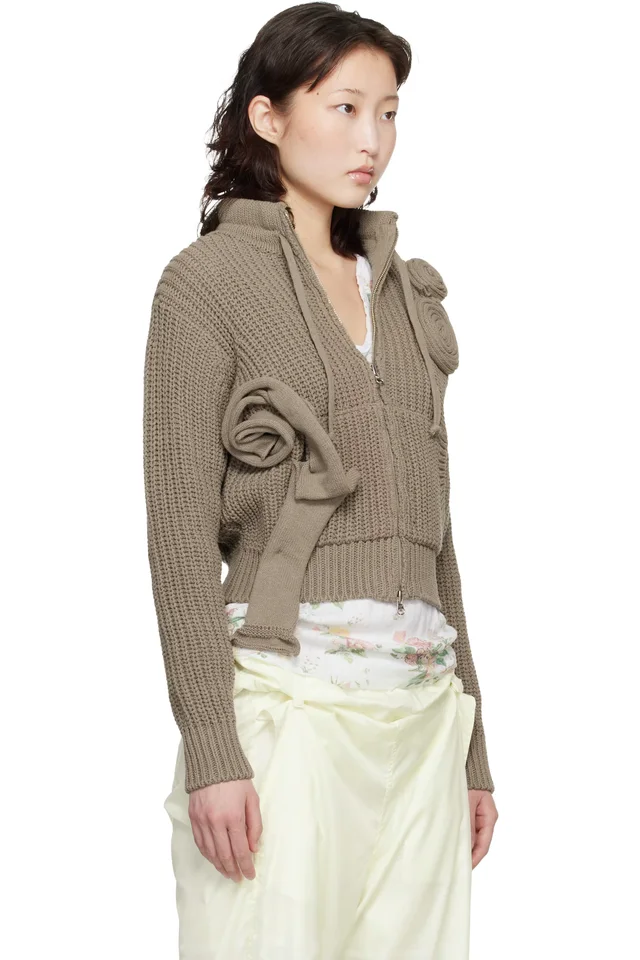 OPEN YY Taupe Applique Knit Zipup Sweater, photo 2 of 4 from SSENSE