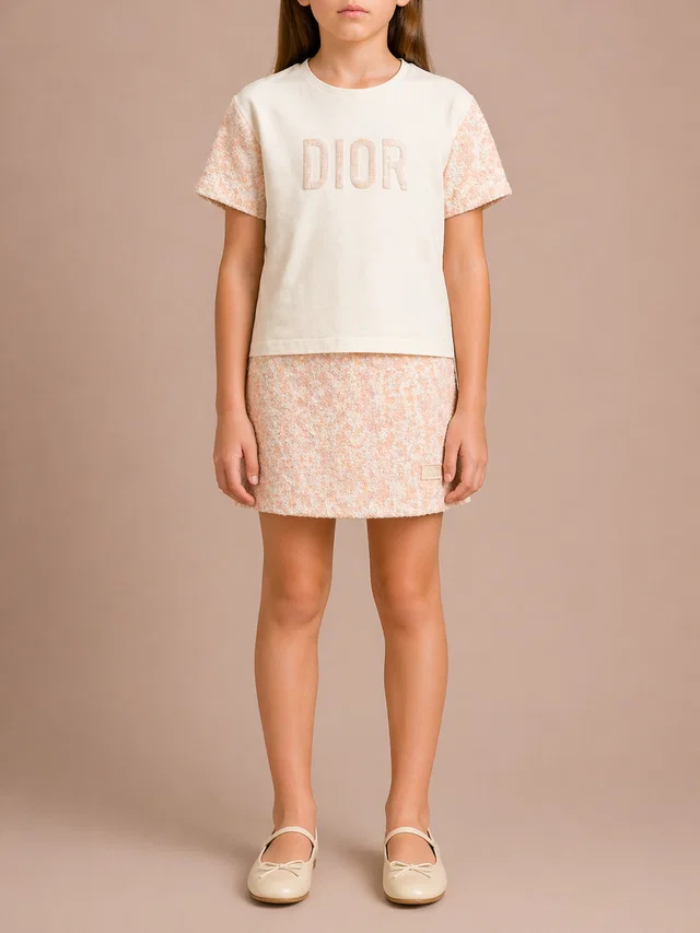 Dior Kids White and Pink Sequin Embellished Logo T-Shirt and Skirt Set Size 8 years in White from Sellier