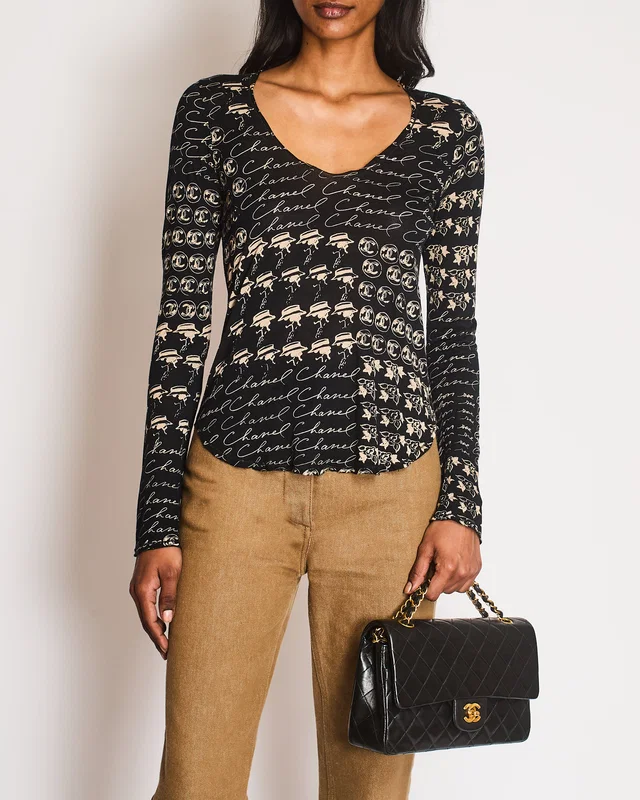 Chanel 06/C Black V-Neck Long Sleeve Top with CC Logo Detail Size FR 36 (UK 8) in Black from Sellier