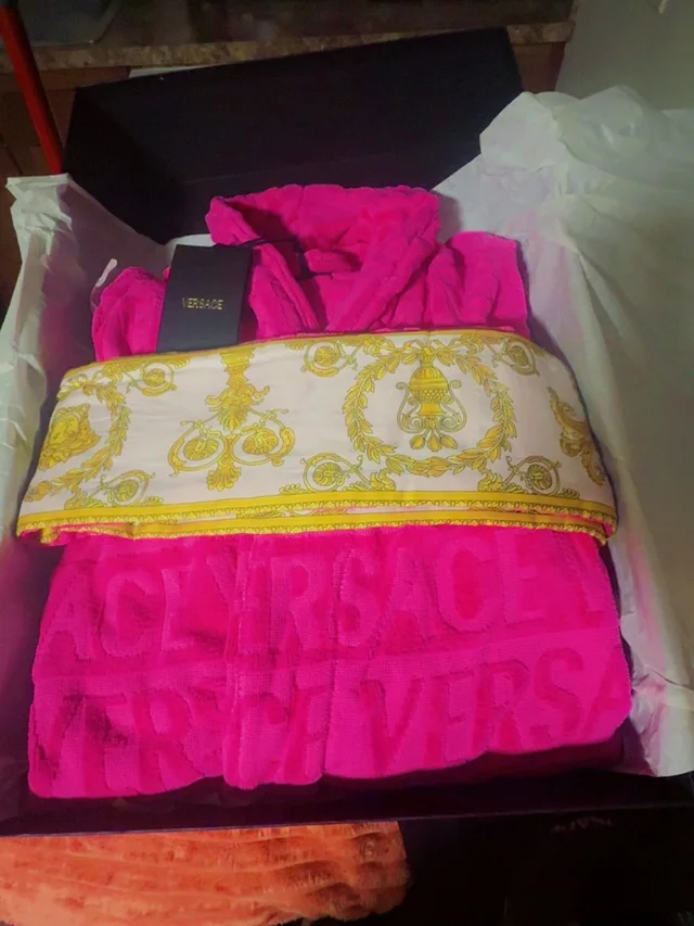 Versace Pink Logo Robe With Gold Baroque Sash in white|pink from Poshmark