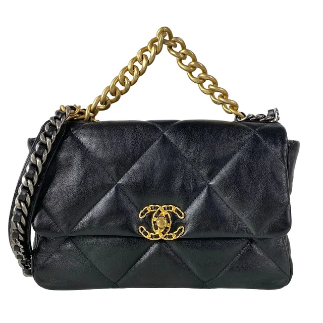 Shoulder Bag Chanel 19 Large Flap Black Silver Gold Chain in Black Lambskin from The Reluxe