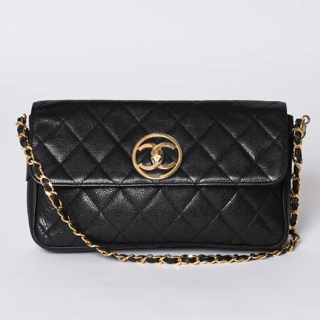 Chanel S Flap S Chain Shoulder Bag CC Logo Caviar Leather Black Gold in Black Caviar leather from The Reluxe
