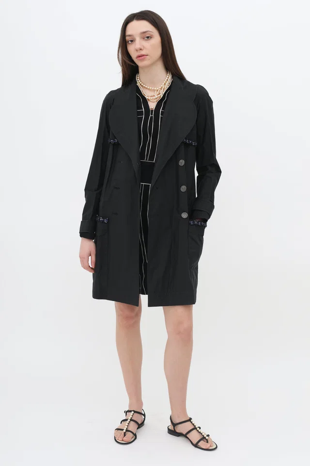 Chanel Double-Breasted Trim Rain Coat in Woven leather from VSP Consignment