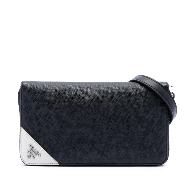 Black Prada Saffiano Wallet On Strap Crossbody Bag in Black Saffiano leather from Designer Revival