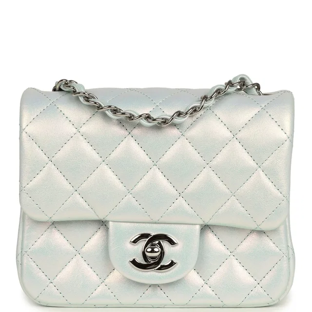 Chanel Mini Classic Square Flap Bag Light Blue Iridescent Calfskin Silver Hardware in Blue Calfskin from Madison Avenue Couture