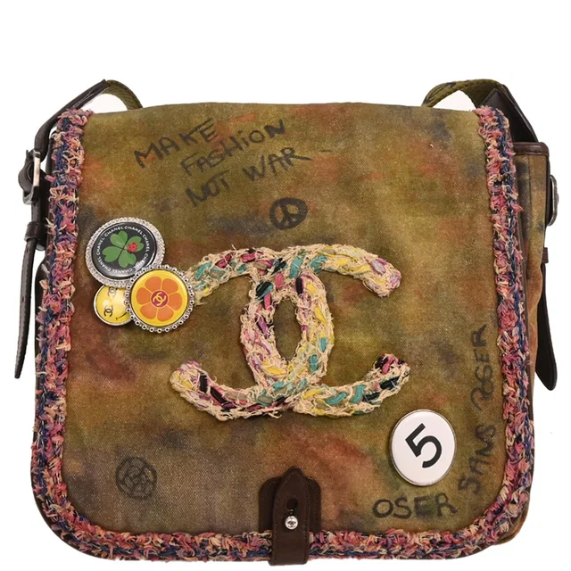 Chanel 2014-2015 Khaki Canvas Graffiti On The Pavements Shoulder Bag in Green Canvas from AMORE Vintage Tokyo