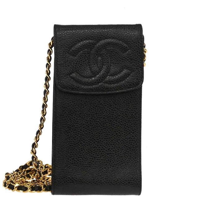 Chanel 1996-1997 Black Caviar Skin Chain Shoulder Bag Pochette Phone Case in Black Caviar leather from AMORE Vintage Tokyo