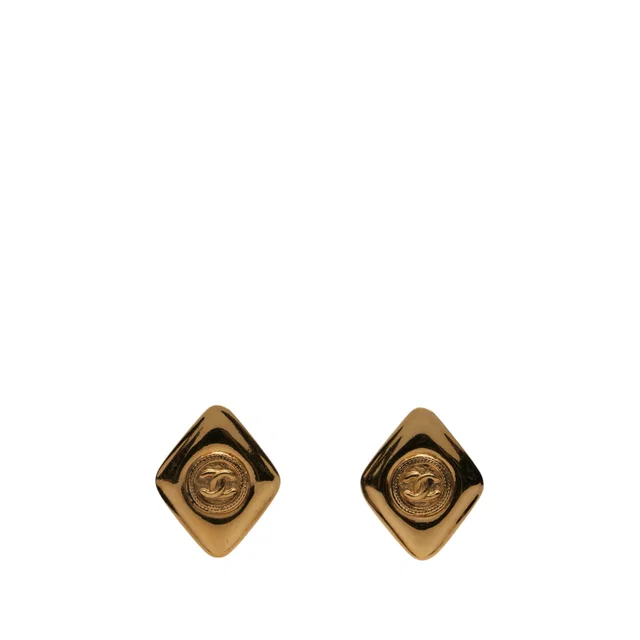 Gold Chanel CC Gold Plated Rhombus Clip On Earrings in Gold from Designer Revival