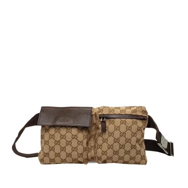 Beige Gucci GG Canvas Double Pocket Belt Bag in Beige Canvas from Designer Revival