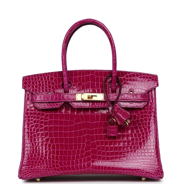 Hermès Birkin 30 Rose Pourpre Shiny Porosus Crocodile Gold Hardware in Pink Crocodile from Madison Avenue Couture