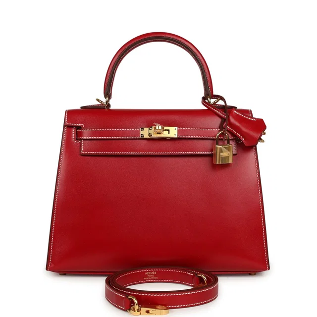 Hermès Kelly Sellier 25 Rouge Piment Box Gold Hardware in Red Calfskin from Madison Avenue Couture