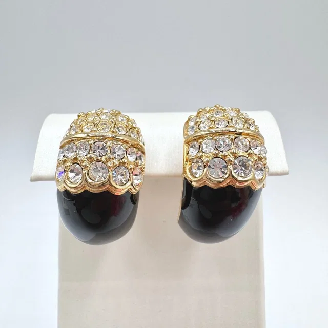 Swarovski Vintage Swan Signed Black Enamel Crystal Pave Half Hoop Earrings in black|gold from Poshmark
